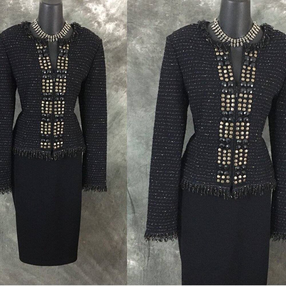 BEAUTIFUL st john couture knit black multi embellished jacket skirt suit 8 - Picture 1 of 9